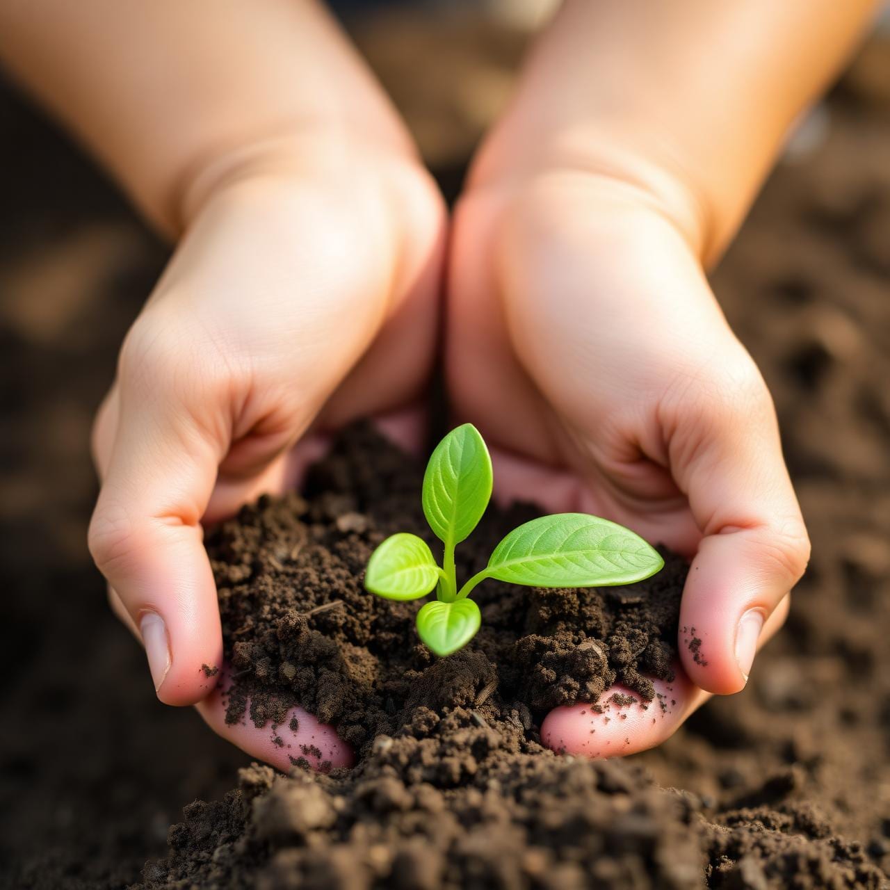 Young hands holding a seedling