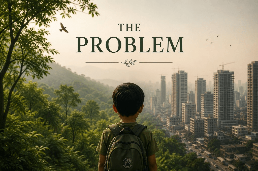 The Problem — a child looks from the forest toward an expanding city skyline